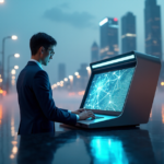 "A sleek silver cryptocurrency exchange terminal in a futuristic cityscape, reflecting vibrant colors and LED screens displaying interconnected nodes, with a young professional poised to initiate a transaction."