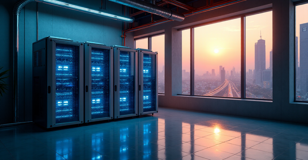 "A futuristic laboratory featuring a sleek cryptocurrency mining rig amidst industrial surroundings, with a cityscape view at sunset."