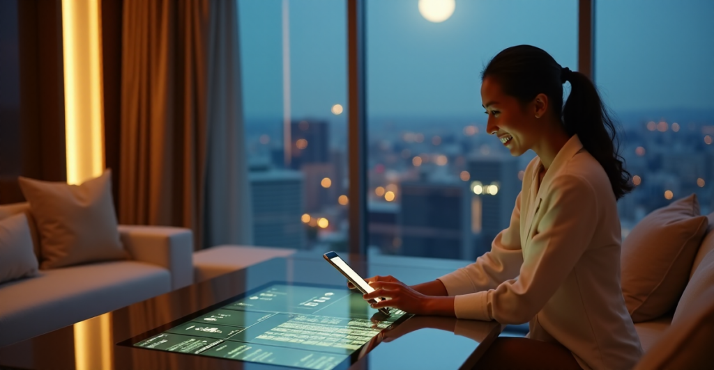 "A guest interacts with a cryptocurrency payment interface on a touchscreen tablet in a luxurious hotel lobby, surrounded by modern design elements and a serene cityscape at dusk."