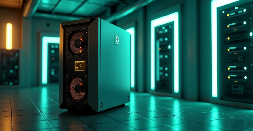 "A futuristic laboratory environment featuring a sleek cryptocurrency mining rig surrounded by high-tech servers and LED lights."