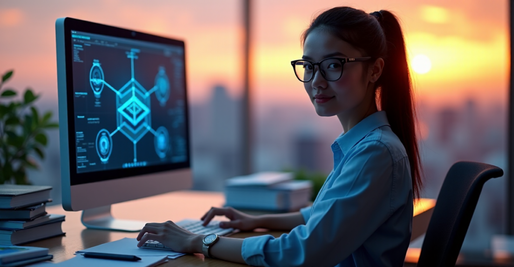 A young woman sits confidently at a modern desk, surrounded by cryptocurrency resources, with a calm determination and intelligent expression.
