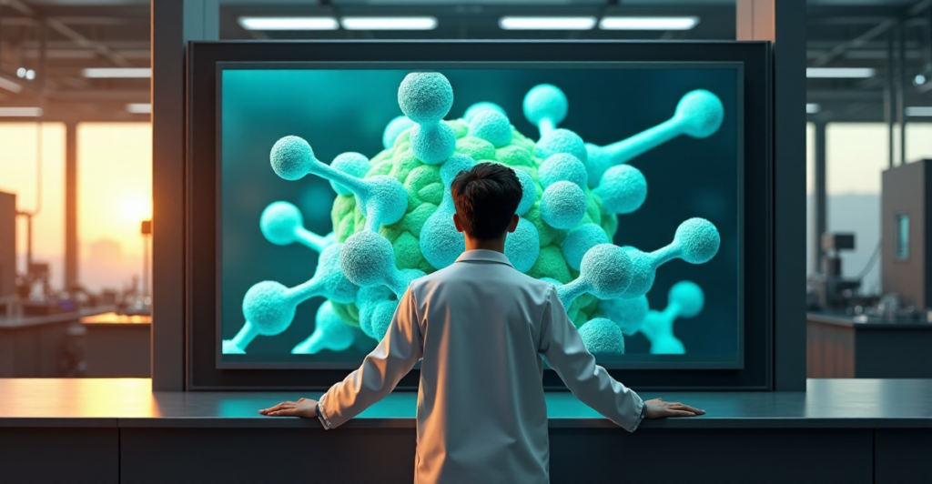 A photorealistic image of a scientist in a futuristic lab, standing confidently in front of a computer screen displaying a molecular structure with vibrant hues, conveying excitement and curiosity about digital innovation and emerging crypto adoption trends 2025.