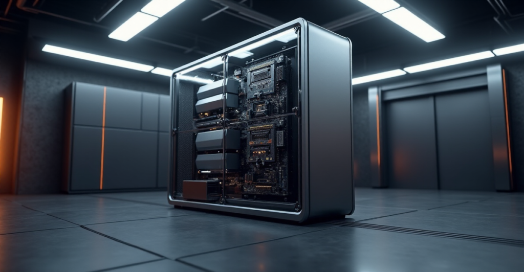 A futuristic laboratory setting featuring a large cryptocurrency mining rig with intricately designed circuit boards and graphics cards, evoking cutting-edge technology and innovation, amidst dark grey and metallic tones.