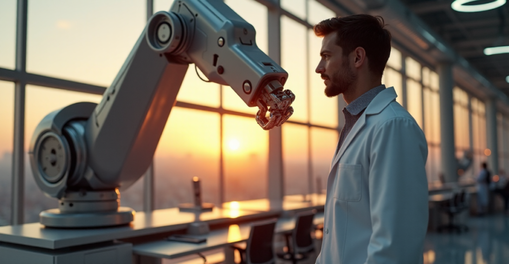"A scientist stands proudly beside a sleek robotic arm in a futuristic laboratory, surrounded by high-tech equipment and cityscape at sunset."