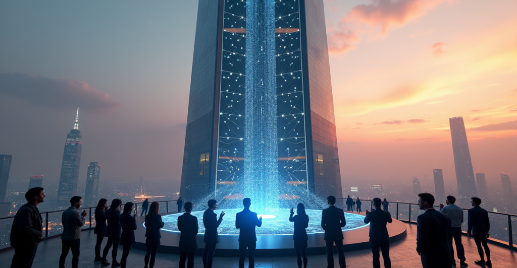 "A futuristic cityscape at dusk featuring a sleek skyscraper representing blockchain technology's growth through interoperability, with people from diverse backgrounds interacting with augmented reality contact lenses around a circular screen displaying interconnected cryptocurrency networks."