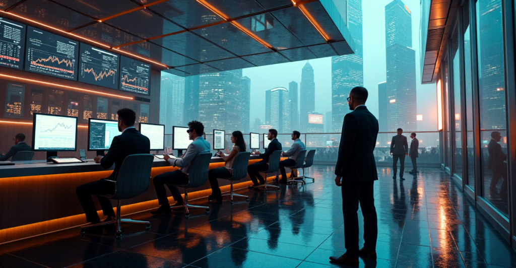 "Financial institution's cryptocurrency trading floor in a futuristic cityscape, investors wearing AR glasses frantically monitor screens displaying real-time market data."