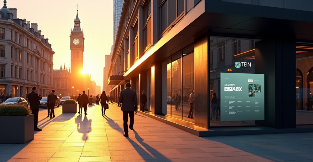 "A sleek modern storefront with a digital screen displaying a cryptocurrency-based booking system, surrounded by a bustling cityscape at sunset."