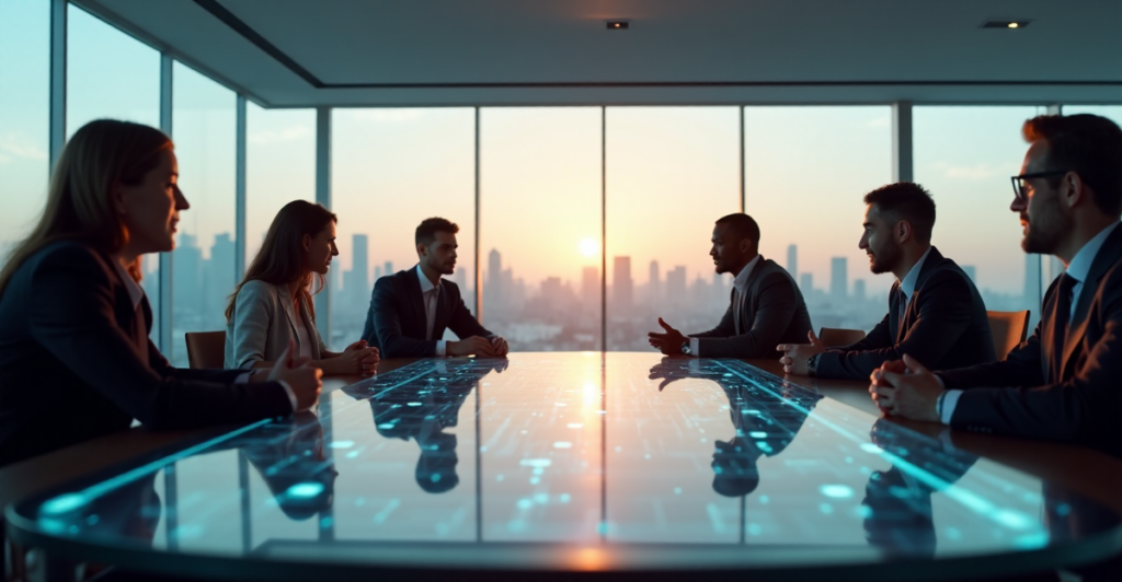 "A diverse group of business professionals discuss cryptocurrency and blockchain technology in a futuristic conference room with blurred cityscape background."