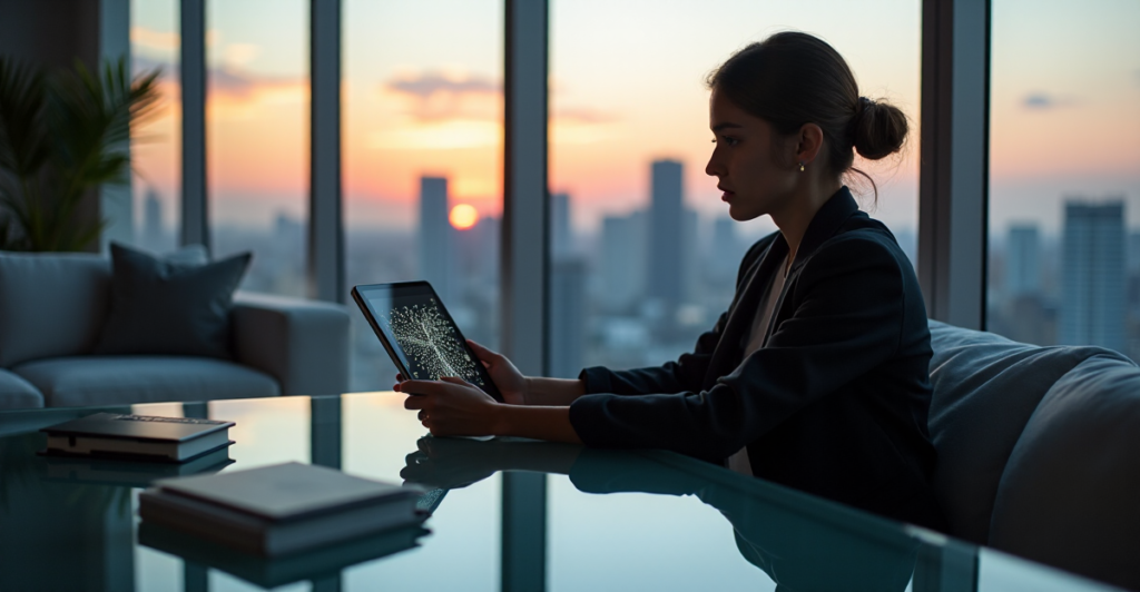 "A young adult sits on a minimalist couch in a high-tech study room, focused on a tablet displaying blockchain network diagrams, with a cryptocurrency wallet nearby."