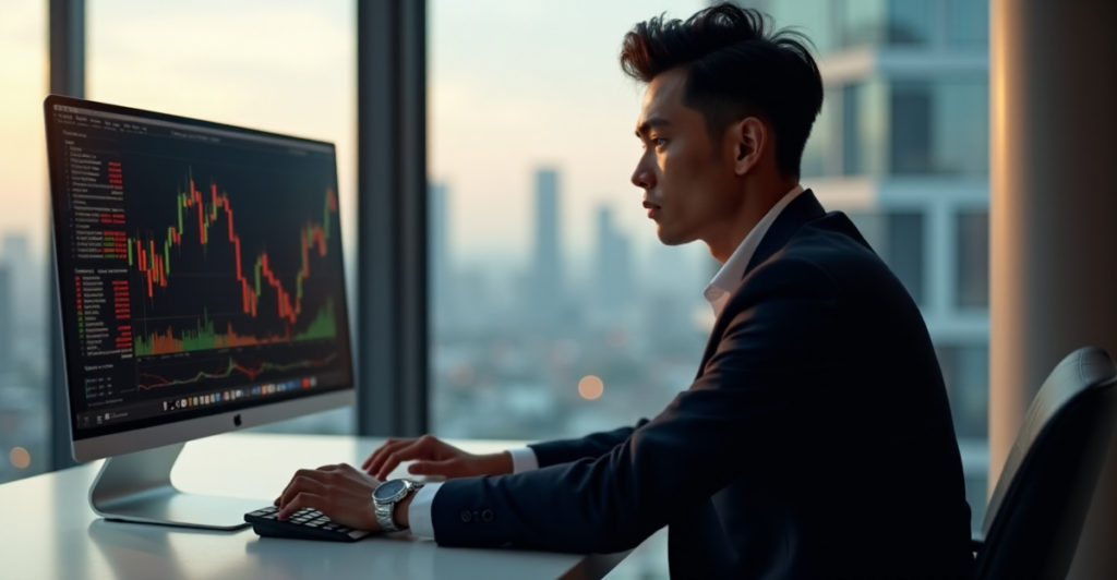 "A young Asian professional in a modern office, intensely focused on cryptocurrency market trends displayed on his computer screen."