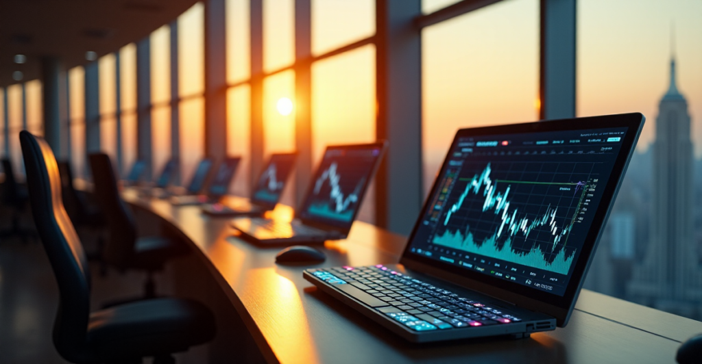 "A sleek cryptocurrency trading terminal in a modern office space, bathed in warm golden light at sunset."