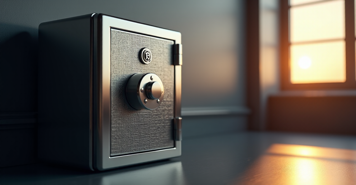 A sleek, metallic safe on a dark gray background, conveying security and trust in safeguarding digital assets amidst cryptocurrency market dynamics.