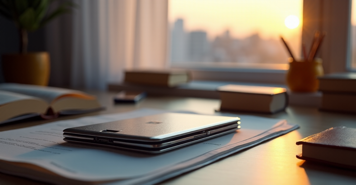 A sleek silver cryptocurrency wallet on a dark wood desk, surrounded by publishing objects, reflecting natural light with intricate details and subtle reflections.