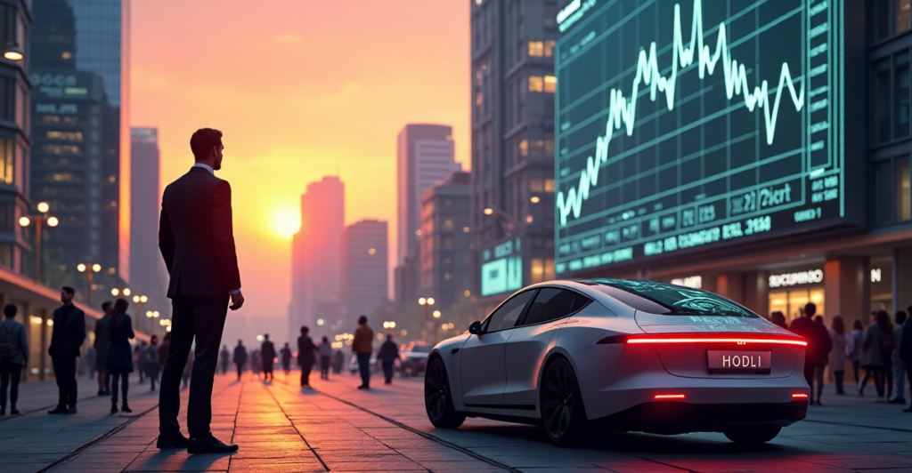 "A futuristic financial district at sunset, showcasing a cryptocurrency exchange skyscraper, bustling streets, and a young professional admiring a digital screen displaying rising cryptocurrency prices."