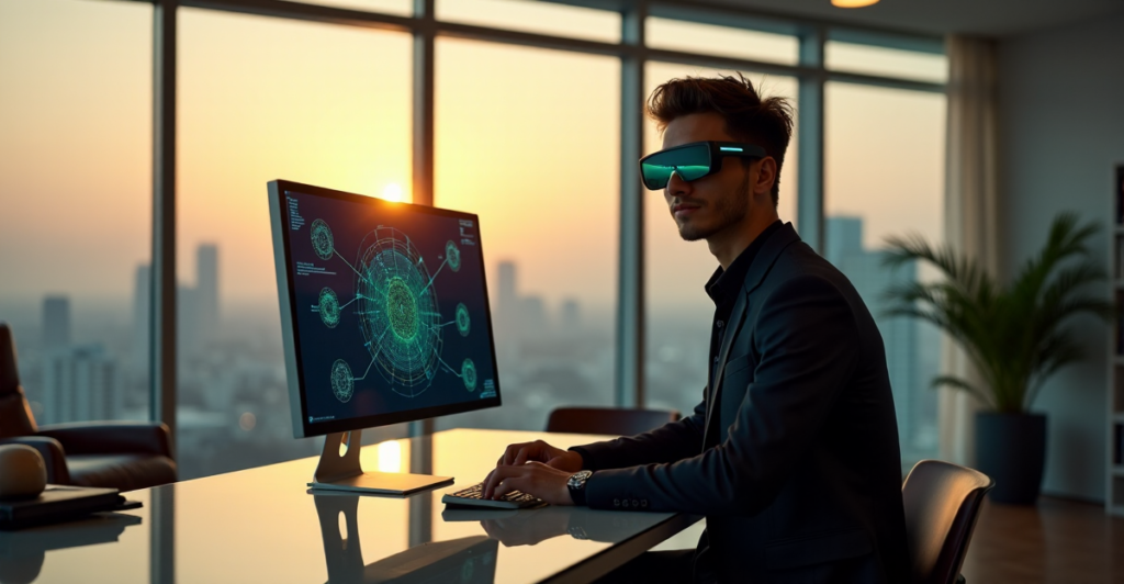 "A young professional in a sleek black business suit sits confidently at a modern desk, surrounded by cryptocurrency-themed artifacts, with a large monitor displaying an intricate network diagram."