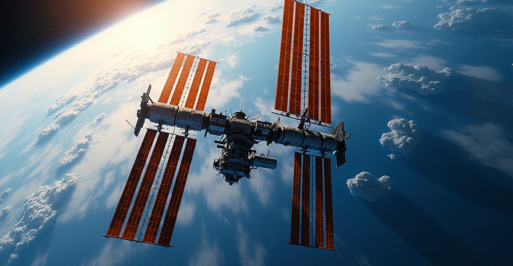 "Image of International Space Station (ISS) in orbit around Earth, showcasing technological innovation and humanity's drive for exploration."