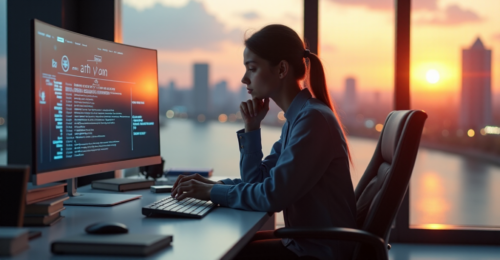 "A young adult studies complex algorithms on a curved high-resolution screen amidst futuristic gadgets and books in a spacious room with floor-to-ceiling windows overlooking a cityscape at sunset."