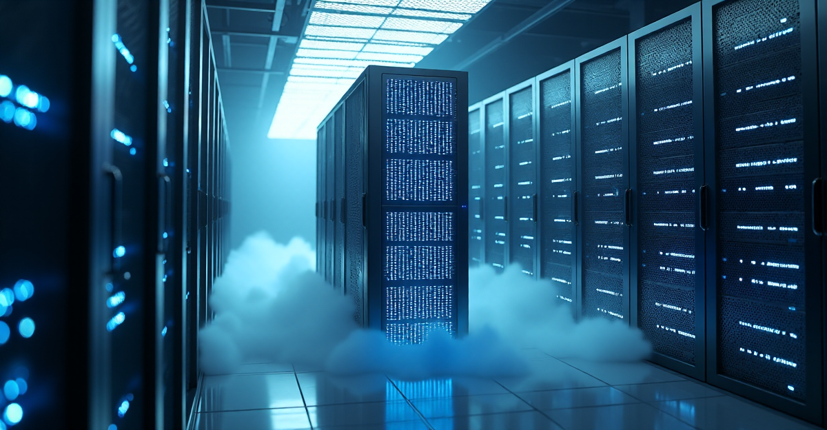 A futuristic data center featuring a massive blockchain server surrounded by computer racks and LED screens displaying intricate patterns of 1s and 0s in a high-tech laboratory setting, symbolizing growing crypto adoption trends 2025.