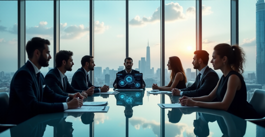 "Diverse professionals collaborate around a glass table in a modern conference room, viewing a blockchain network diagram on a laptop amidst scattered cryptocurrency tokens and smart contract documents."