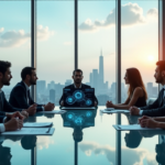 "Transforming Contracts: How Smart Contracts are Revolutionizing Legal Agreements with Cryptocurrency" "Diverse professionals collaborate around a glass table in a modern conference room, viewing a blockchain network diagram on a laptop amidst scattered cryptocurrency tokens and smart contract documents."