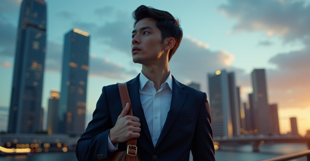 "A young professional stands confidently in front of a cityscape at dusk, navigating digital assets regulation with focus and determination."