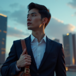 "A young professional stands confidently in front of a cityscape at dusk, navigating digital assets regulation with focus and determination."