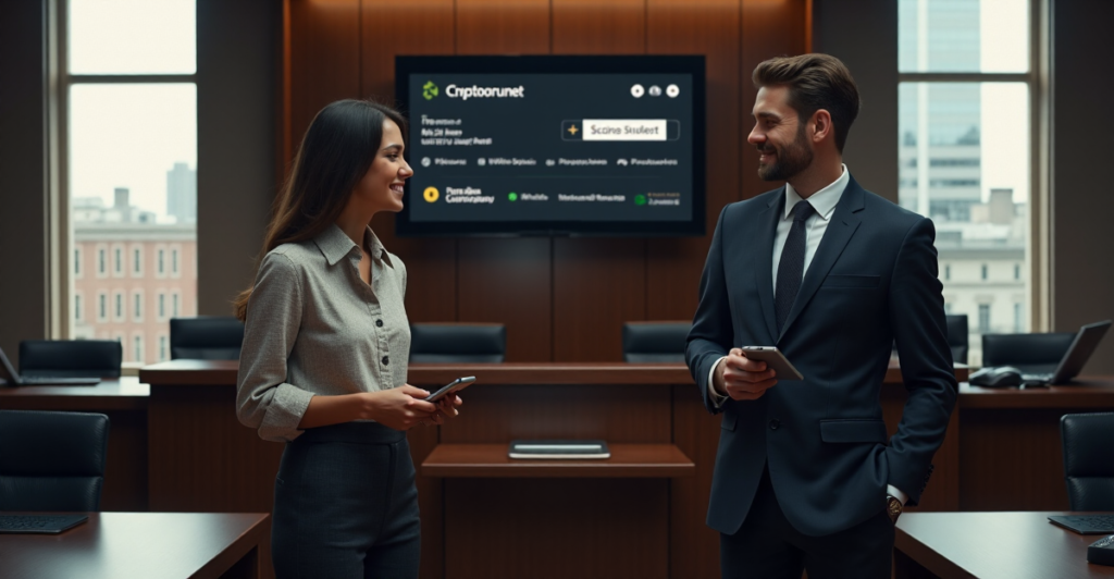 "A modern courtroom scene featuring a lawyer and client discussing cryptocurrency transaction details with calm confidence."