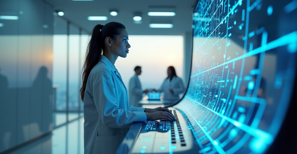 "A young female scientist stands confidently in front of a massive digital screen displaying an intricate blockchain network, surrounded by high-tech console and ambient lighting, reflecting crypto adoption trends 2025."