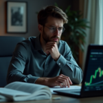 "A person studies crypto market charts on a laptop while reviewing an economic newspaper clipping and financial book in a dimly lit room, contemplating crypto adoption trends 2025."