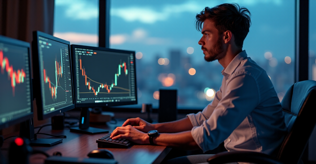 "A young trader sits at a cluttered desk, intensely monitoring crypto market charts and graphs amidst a dimly lit trading room with a cityscape behind him."