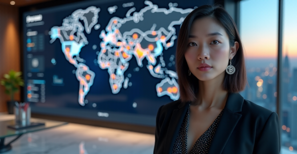 "A young Asian woman in a sleek black business suit stands confidently in front of a digital global trade map, surrounded by modern office furniture and a cityscape at sunset, conveying empowerment through cryptocurrency adoption."