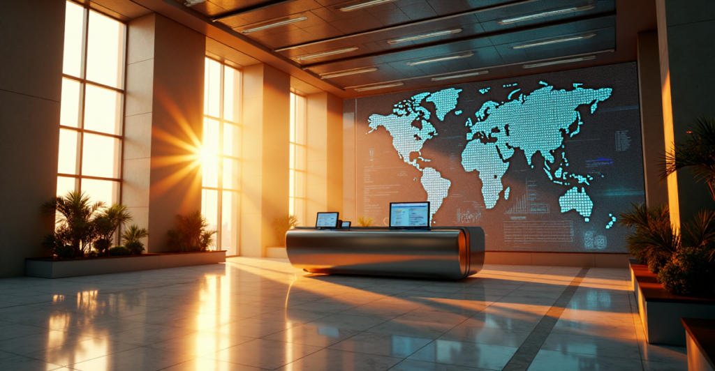 "A futuristic banking hall featuring a sleek cryptocurrency trading terminal surrounded by financial screens and an LED display of blockchain technology."