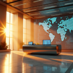 "Revolutionizing Traditional Banking: The Impact of Cryptocurrency on Financial Systems" "A futuristic banking hall featuring a sleek cryptocurrency trading terminal surrounded by financial screens and an LED display of blockchain technology."