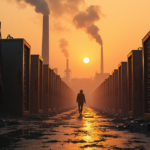 "Abandoned cryptocurrency mining facility at dusk, featuring a massive server room with dusty equipment and a lone figure walking away."