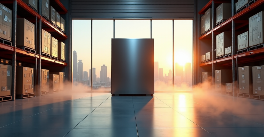 A futuristic warehouse with a central blockchain server surrounded by inventory management shelves and cityscape at dawn, symbolizing cryptocurrency adoption and technological progress.