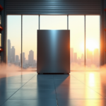 "Transforming Supply Chains with Blockchain Technology: Unlocking Real-World Applications" A futuristic warehouse with a central blockchain server surrounded by inventory management shelves and cityscape at dawn, symbolizing cryptocurrency adoption and technological progress.