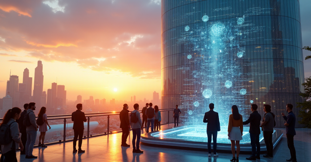 "A futuristic cityscape at sunset featuring a gleaming skyscraper representing blockchain innovation, surrounded by diverse crowds and dynamic data visualizations, symbolizing crypto adoption trends 2025."