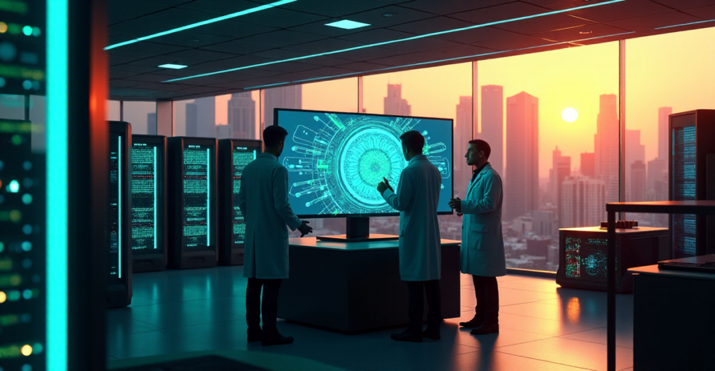 "A team of scientists and engineers gathered around a computer screen displaying a 3D blockchain network visualization in a high-tech laboratory, highlighting crypto adoption trends 2025."