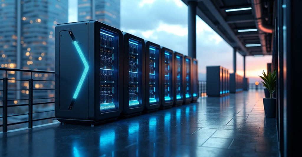 "A futuristic laboratory scene featuring a sleek cryptocurrency mining rig surrounded by high-tech equipment, with a cityscape at dusk in the background."