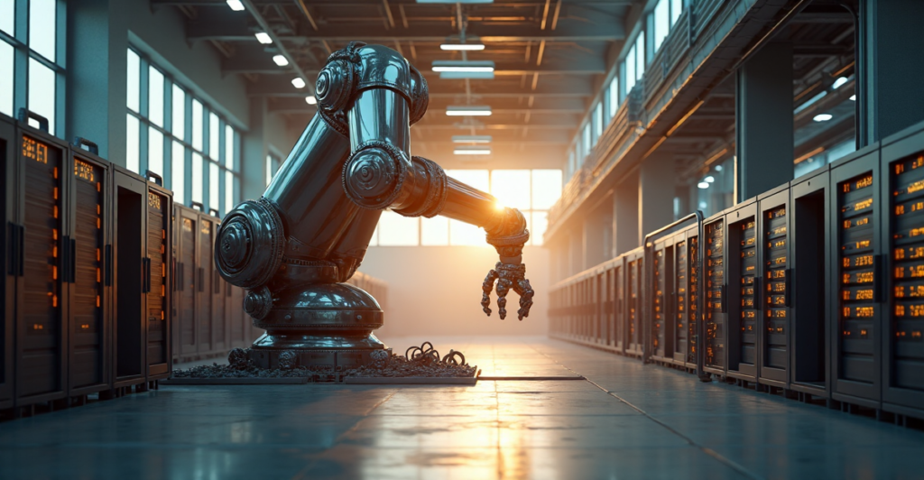 "A futuristic factory floor featuring a massive robotic arm assembling components amidst cutting-edge servers and computer systems, symbolizing revolutionary technologies transforming industries beyond cryptocurrency innovations."