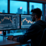 A young trader sits at a modern desk, intensely focused on cryptocurrency charts and market analytics amidst a dimly lit trading floor with cityscape views, reflecting crypto adoption trends 2025.