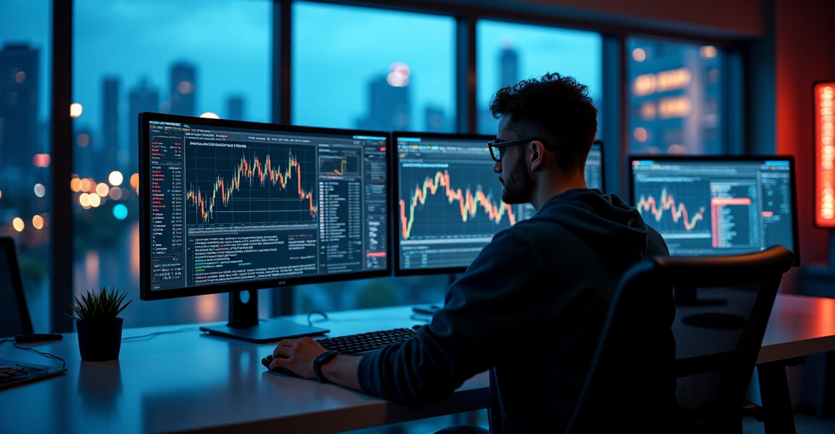 A young trader sits at a modern desk, intensely focused on cryptocurrency charts and market analytics amidst a dimly lit trading floor with cityscape views, reflecting crypto adoption trends 2025.