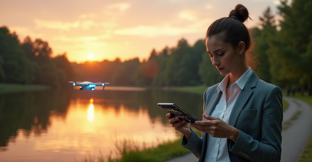 "A young entrepreneur stands confidently on a lake's edge at sunset, gazing at a smartphone displaying cryptocurrency market fluctuations amidst lush greenery and futuristic technology."