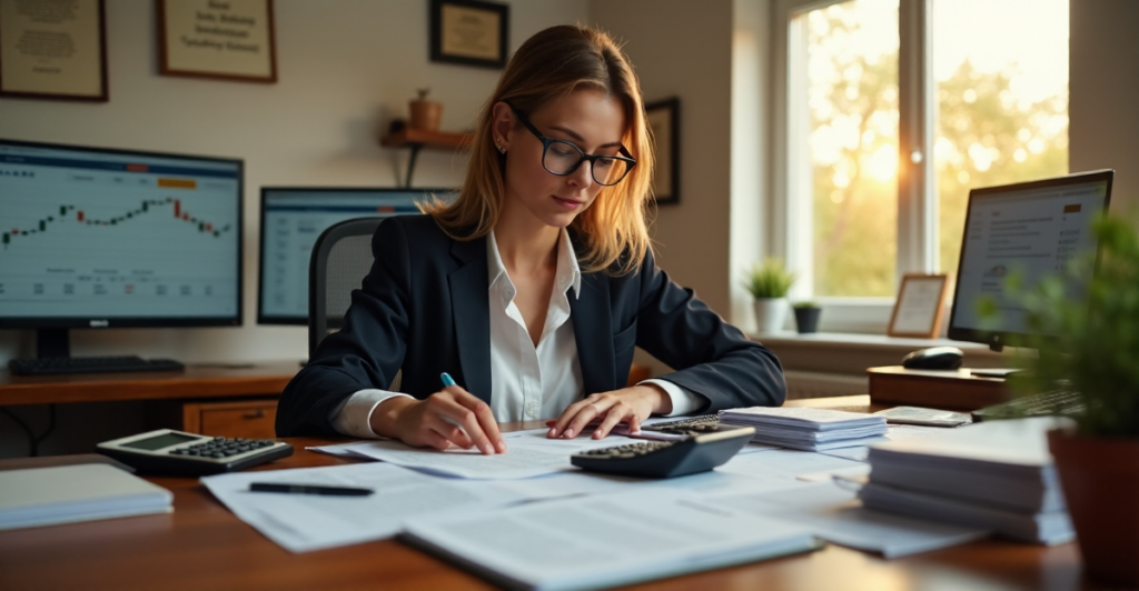"A woman in professional attire navigates cryptocurrency charts and tax software with precision, exuding confidence amidst a cluttered home office."