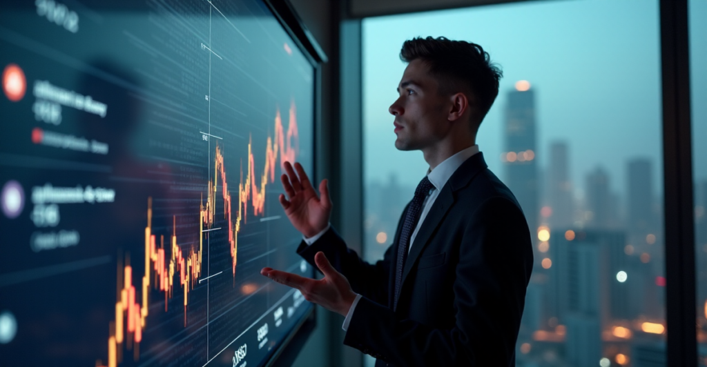 "A young professional in a sleek black business suit stands confidently in front of a digital screen displaying intricate cryptocurrency market trends and fluctuations."