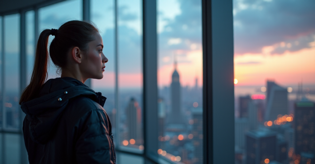 "A young adult stands confidently in front of a cityscape at dusk, surrounded by cutting-edge technology and educational facilities, symbolizing empowerment and limitless potential in cryptocurrency education."