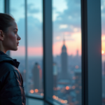 "A young adult stands confidently in front of a cityscape at dusk, surrounded by cutting-edge technology and educational facilities, symbolizing empowerment and limitless potential in cryptocurrency education."