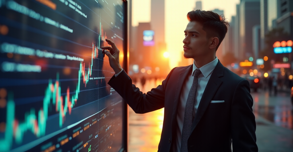 "A young entrepreneur stands confidently in front of a digital screen displaying fluctuating cryptocurrency market trends, set against a bustling cityscape at sunset."