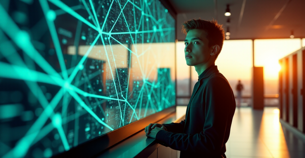 "A young adult sits confidently in front of a digital screen displaying a blockchain network visualisation, surrounded by high-tech laboratory equipment and cryptocurrency-related gadgets."