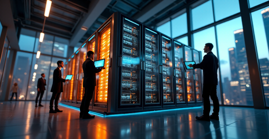 "A futuristic data center with a massive blockchain server at its center, surrounded by technicians monitoring cryptocurrency-related network activity."